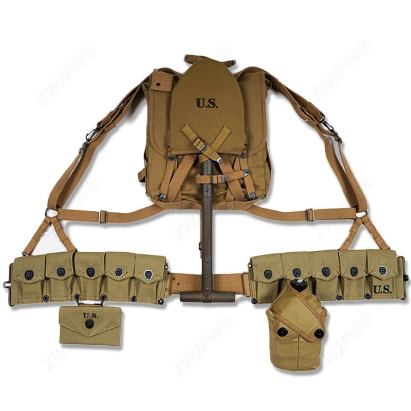 WW2 US ARMY EQUIPMENT CONBINATION USMC UPPER BACKPACK WITH STRAPS T-TYPE SPADE  WITH TEN CELL POUCH