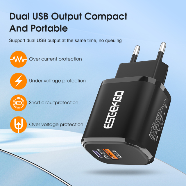 ESEEKGO PD-S02 Set 1A1C QC3.0+PD20W Wall Charger with C-L data cable