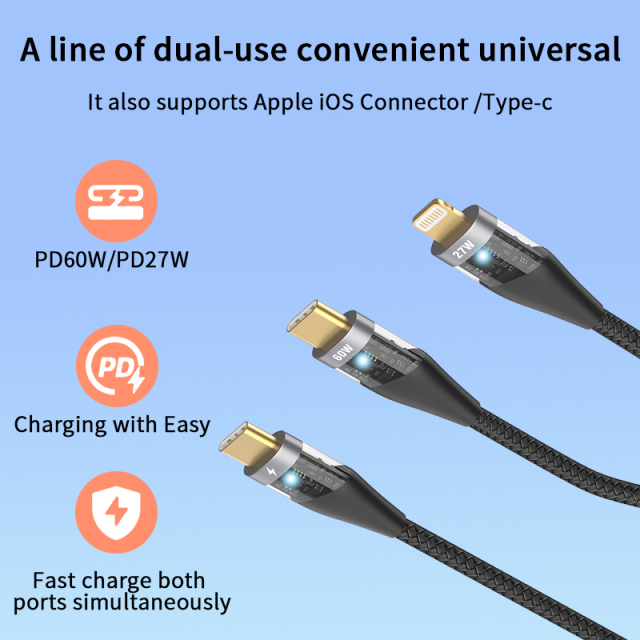 ESEEKGO PD-12 C-C+L 60W+27W PD 2-in-1 1.5M Braided Data Cable