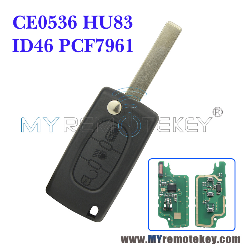 CE0536 Flip remote key for Peugeot 107 207 307 308 407 607 Citroen C2 C3 C4 C5 C6 C8 3 button 433mhz HU83 middle button light PCF7961 ASK FSK electron