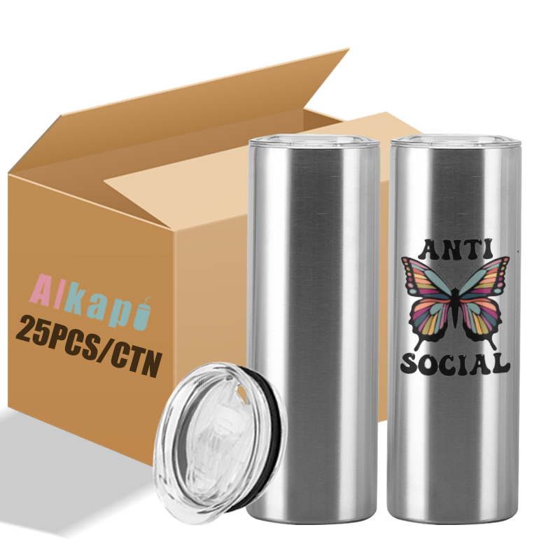 USA RTS 20oz Sublimation Silver Stainless Steel Tumbler With Plastic Straw