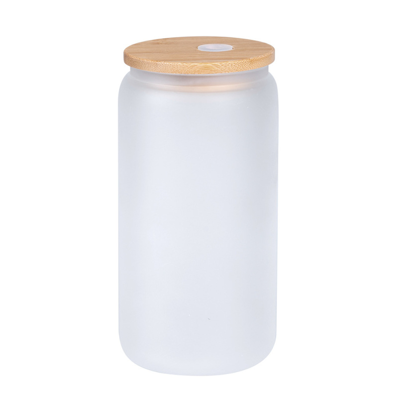 USA RTS 16oz Sublimation Blank Frosted Glass Can with bamboo lid and plastic straw