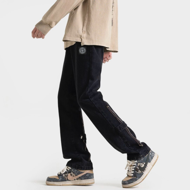 Stone Island American hip-hop high street distressed washed zipper-breasted straight jeans trousers