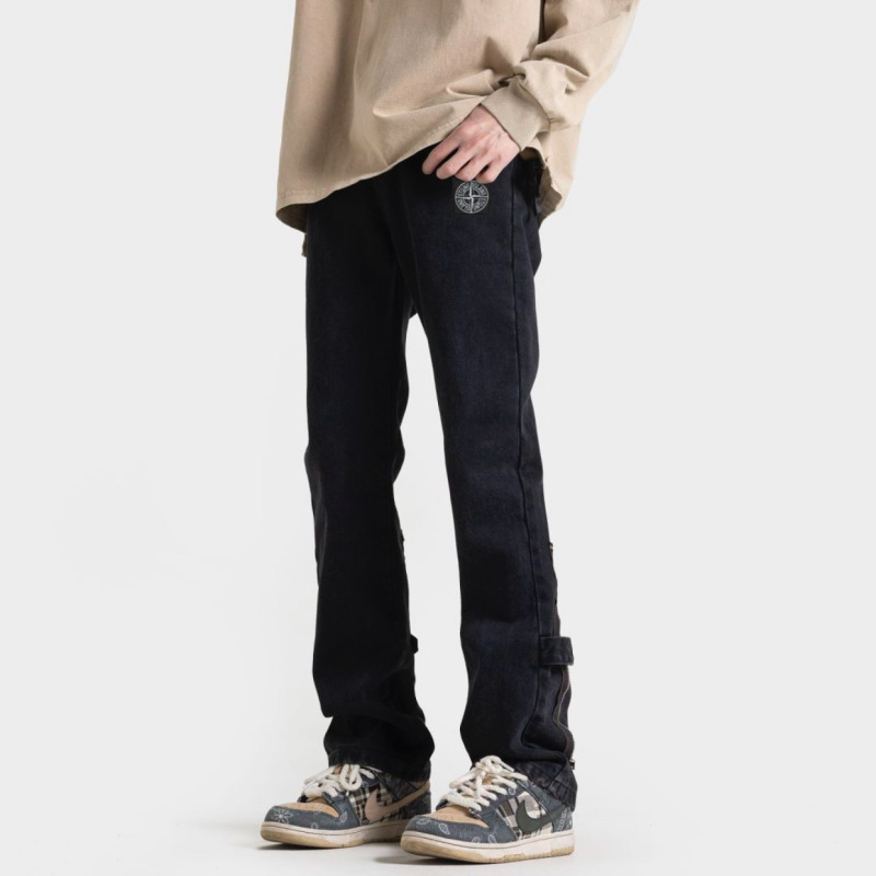 Stone Island American hip-hop high street distressed washed zipper-breasted straight jeans trousers
