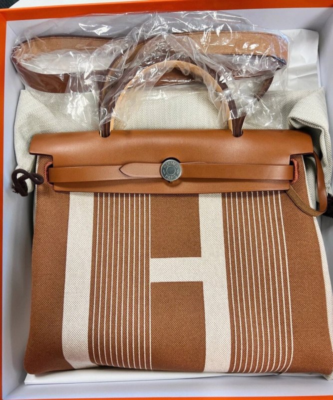 Hermès Herbag 31 silver buckle stripe color matching canvas and saddle leather hand-held shoulder crossbody bag