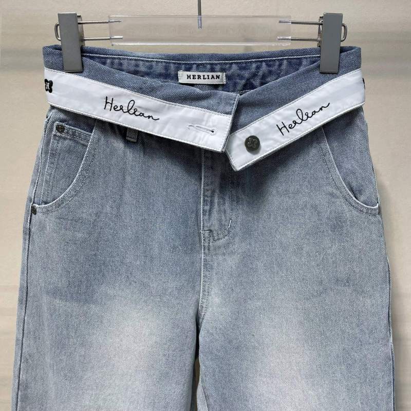 Herlian turned-waist straight-leg denim trousers sewn floral LOGO jeans