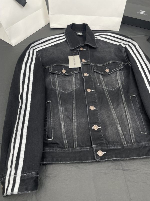 Balenciaga&amp;Adida joint web denim jacket three stripes washed ripped denim
