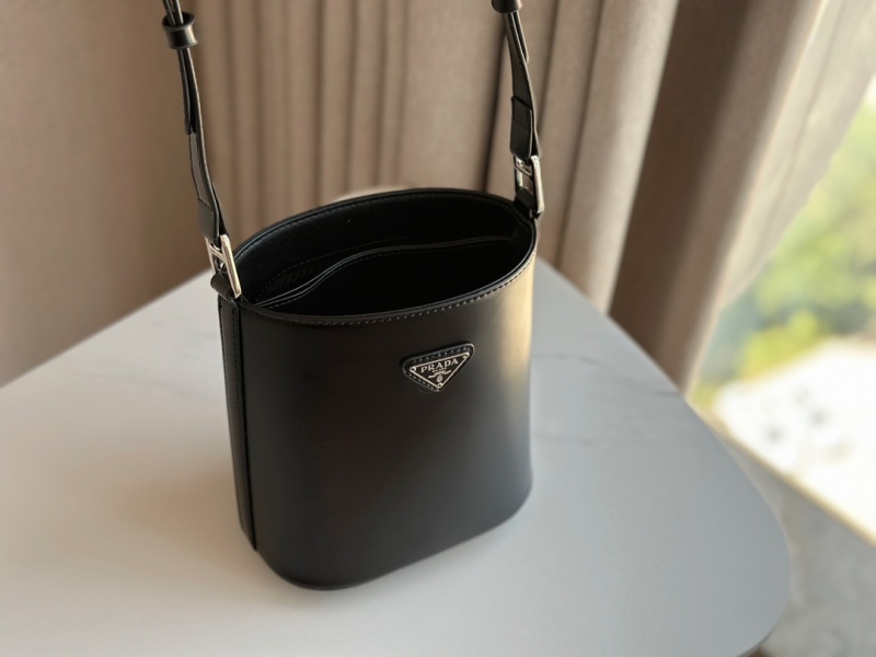 Prada brand logo solid color smooth calfskin bucket bag portable shoulder crossbody bag