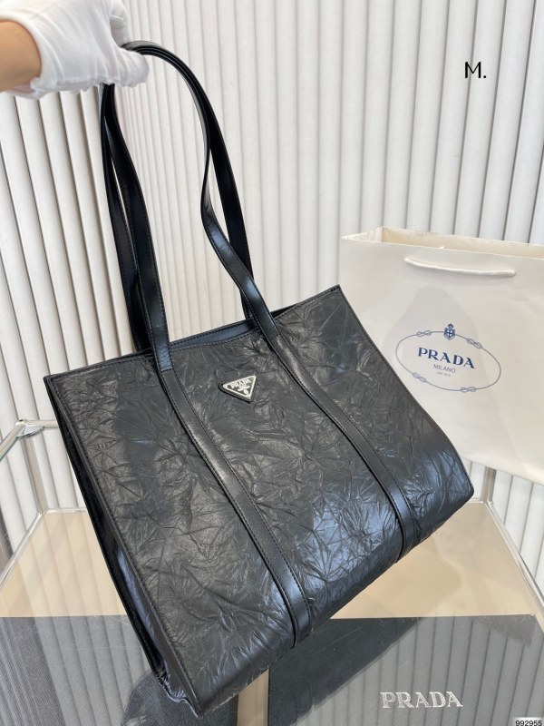 Prada Enamel Metal Triangle Logo Crinkle Effect Nappa Leather Tote Bag Tote Bag Shopping Bag Handbag