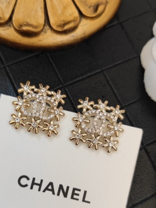 Chanel Square Diamond Camellia Letter Stud Earrings