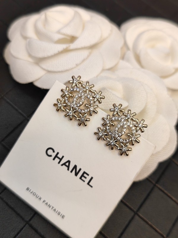 Chanel Square Diamond Camellia Letter Stud Earrings