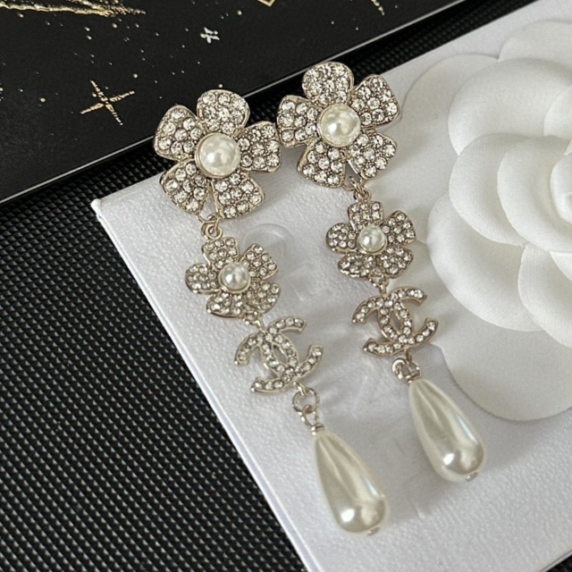 Chanel Crystal Diamond Camellia Letter Drop Love Tassel Stud Earrings