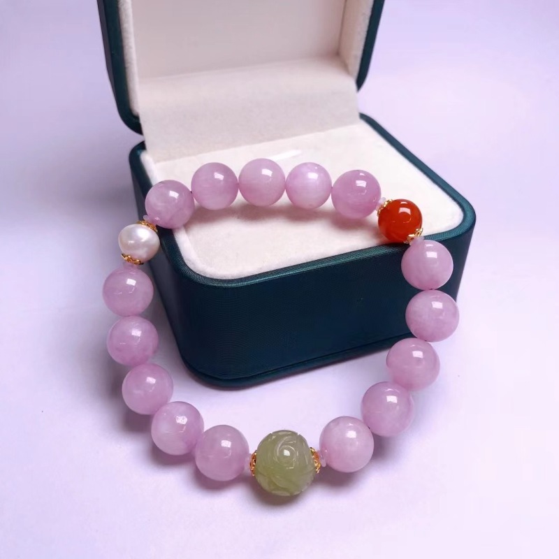 Natural Lepidolite Gemstone Bracelet with Hetian Jade Carved Beads, Freshwater Pearls, Nanhong Round Beads, and 925 Silver Flower Mount