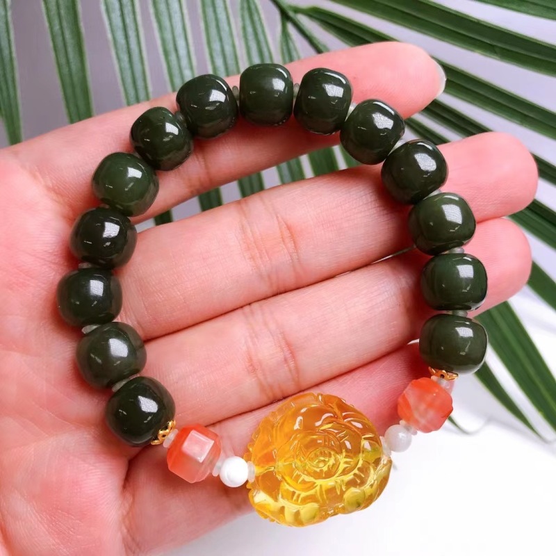 Natural Hetian Jade Old Beads Bracelet and Beaded Bracelet with Amber Floral, Faceted Red Agate Square, and Shell Round Beads