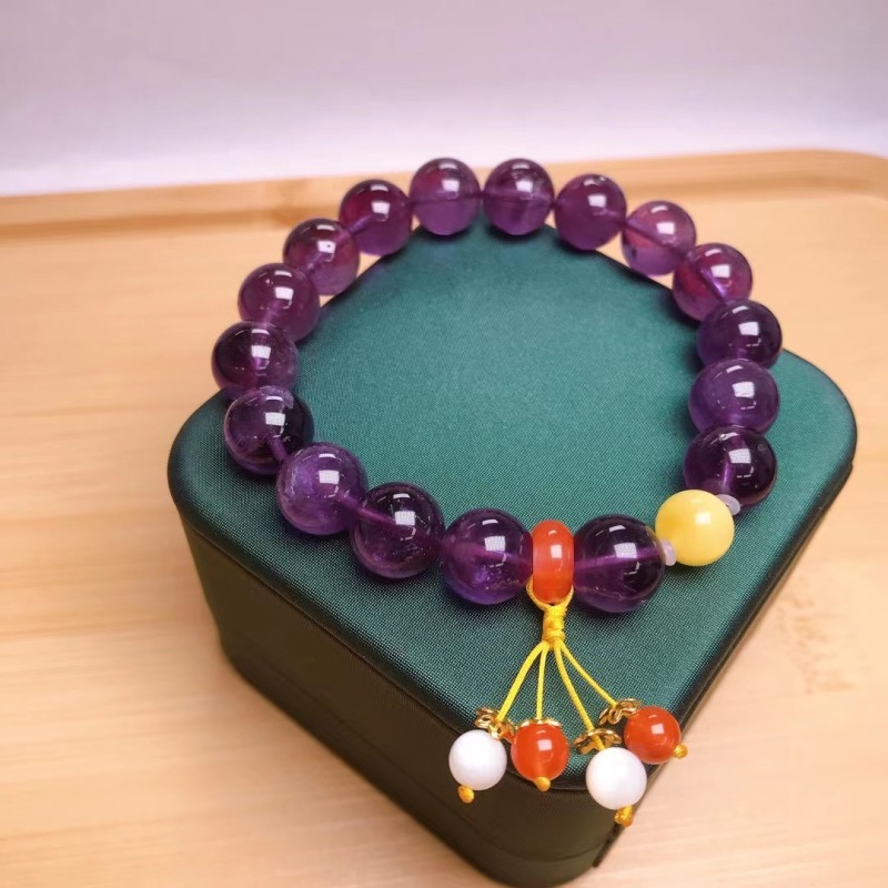 Natural Amethyst Bracelet with Natural Amber Round Beads, Nanhong Agate Toggle Clasp and Round Beads, Shell Round Bead Pendant, and 925 Silver Flower Mount