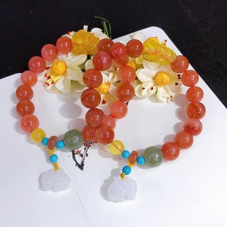 Handcrafted Natural Red Agate Bracelet, paired with Amber Pixiu, Qinghai Material Jade, Lizardite Malachite, accompanied by Amber Beads and Elephant White Jade Pendant.