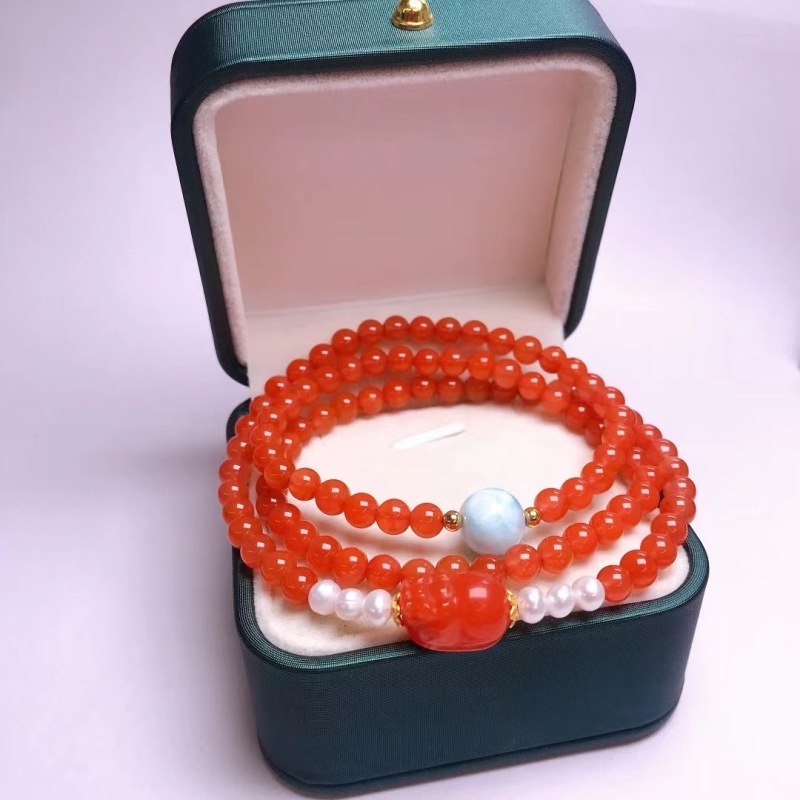 Handpicked Natural Red Agate Triple Circle Bracelet, adorned with Natural Ocean Jasper, Freshwater Pearls, and Red Agate Pixiu, accented with 925 Sterling Silver.