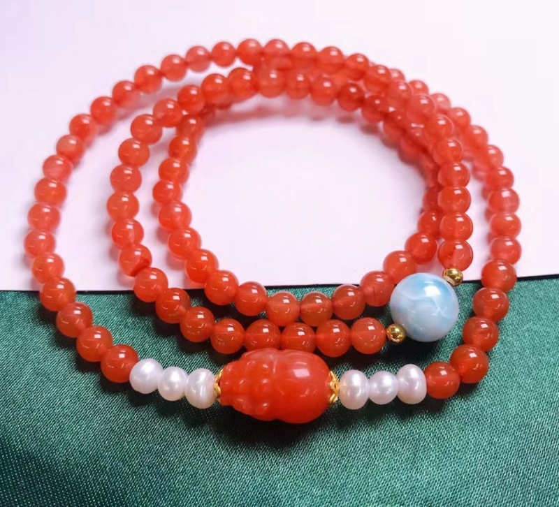 Handpicked Natural Red Agate Triple Circle Bracelet, adorned with Natural Ocean Jasper, Freshwater Pearls, and Red Agate Pixiu, accented with 925 Sterling Silver.