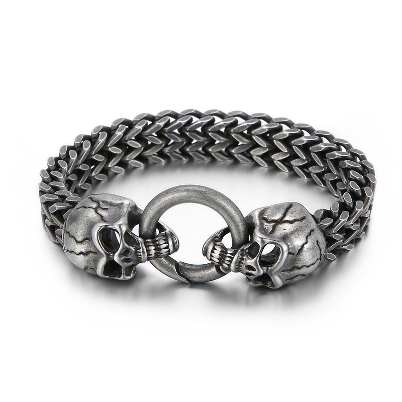 Gothic Mens Stainless Steel Skull Franco Link Curb Chain Bracelet with Spring Ring Clasp