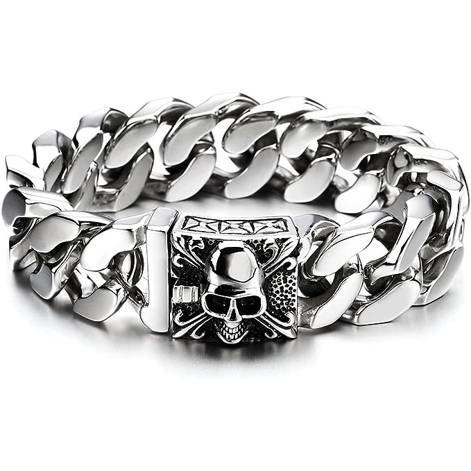 Skull Head Gothic Biker Bracelet for Men 316L Stainless Steel Mens Link Bracelet
