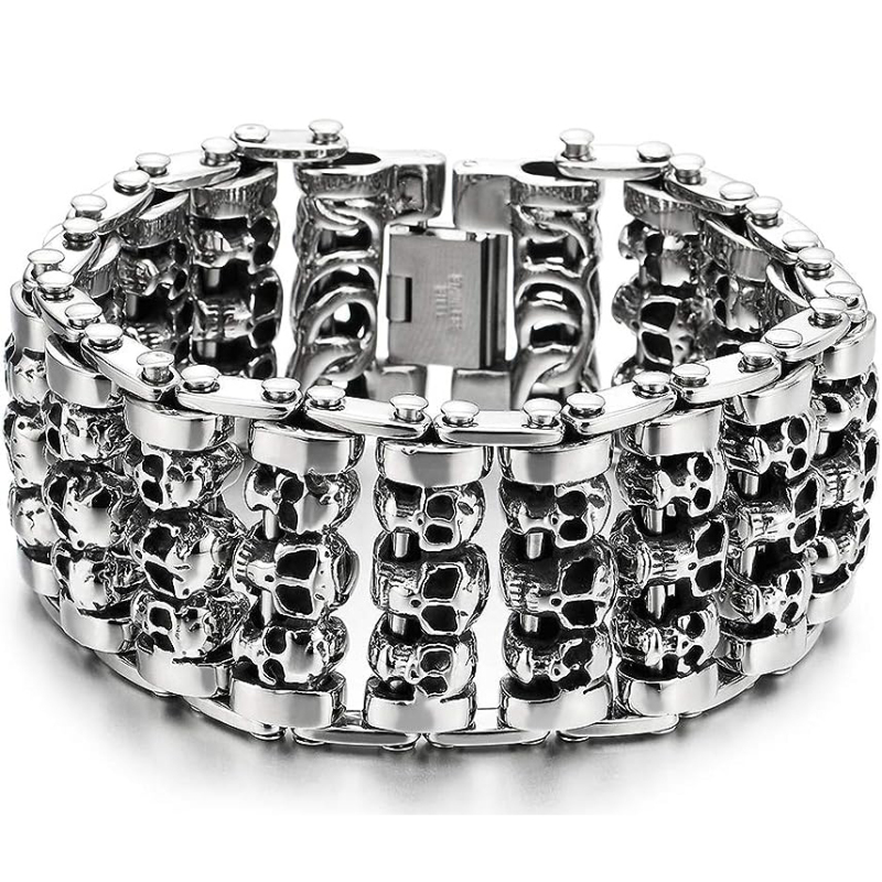 Heavy and Study Mens Steel Large Link Chain Motorcycle Bike Chain Bracelet with Skulls Polished