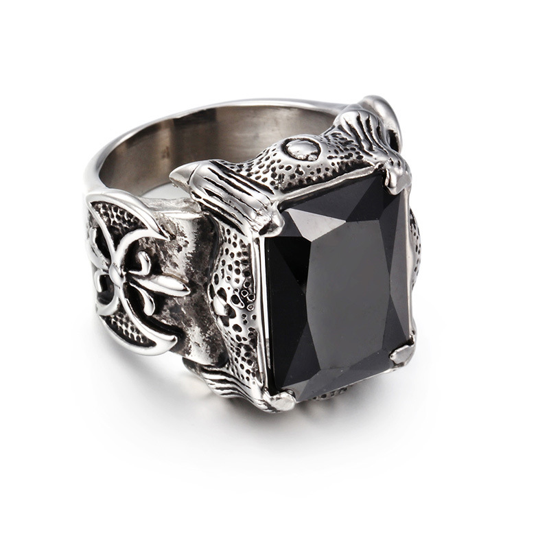 Vintage gem-set titanium steel ring