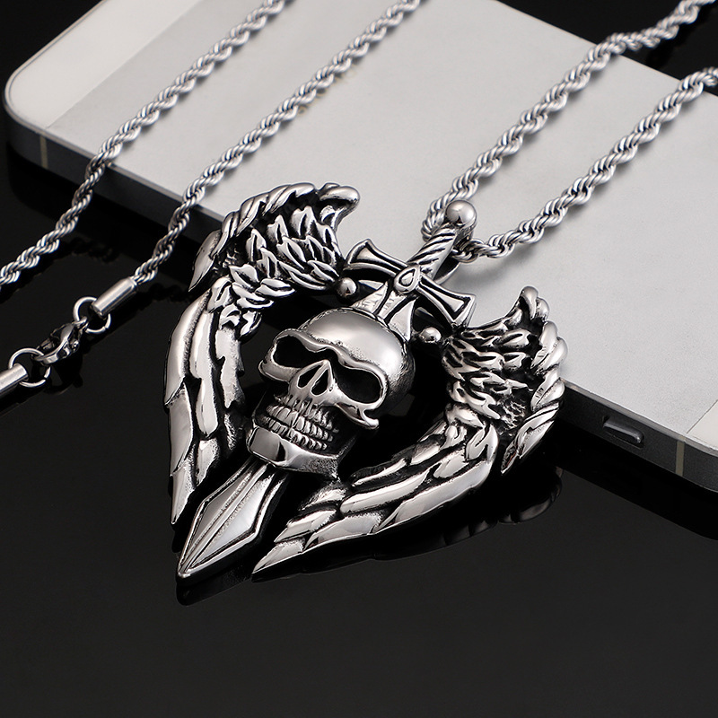 Punk retro skull sword wings pendant