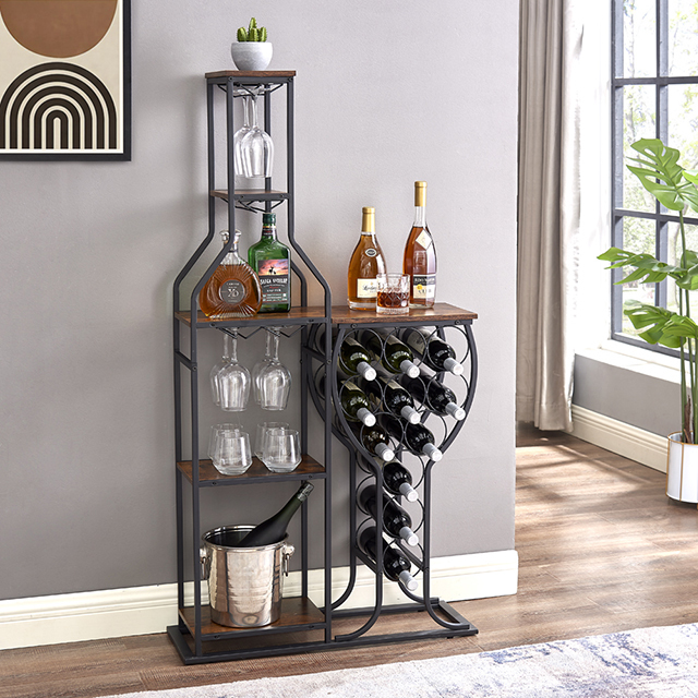 11 Bottle Wine Bakers Rack, 5 Tier Freestanding Wine Rack with Hanging Wine Glass Holder and Storage Shelves, Wine Storage Home Bar for Liquor and Wine Storagefor Kitchen, Dining Room