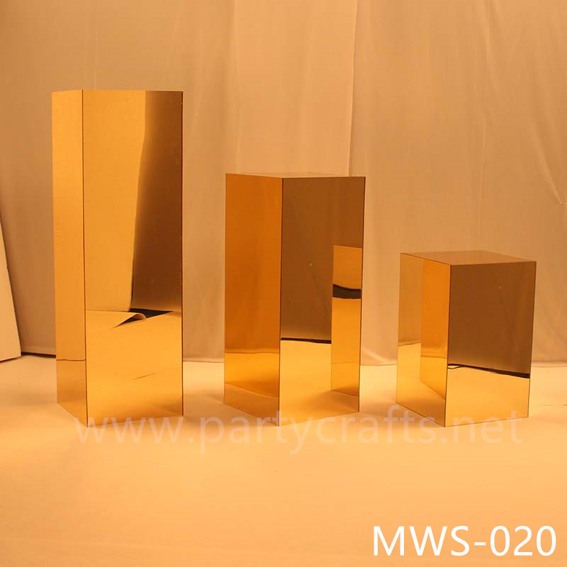 gold mirror rectangle pedestal stand aisle decoration   free standing square riser stand mirror cube art display stands wedding table centerpiece base cake table sweet table candy place tall gold centerpiece stand backdrop stand wedding stand decoration