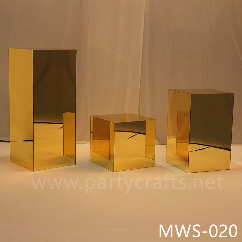 gold mirror rectangle pedestal stand aisle decoration   free standing square riser stand mirror cube art display stands wedding table centerpiece base cake table sweet table candy place tall gold centerpiece stand backdrop stand wedding stand decoration