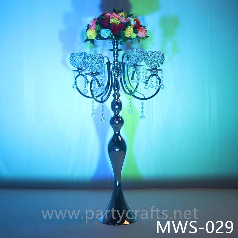 4 arms metal silver flower stand centerpiece crystal hangging decoration wedding party event hotel hall bridal shower decoration