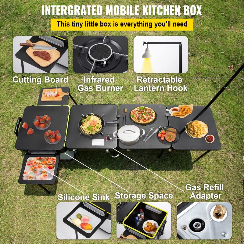 Camping Kitchen, Outdoor Cooking Station Multifunctional Integrated Box with Wheels &amp; Windproof Stove Portable Folding Tables Storage Organizer, for Picnic BBQ Beach Traveling, Black