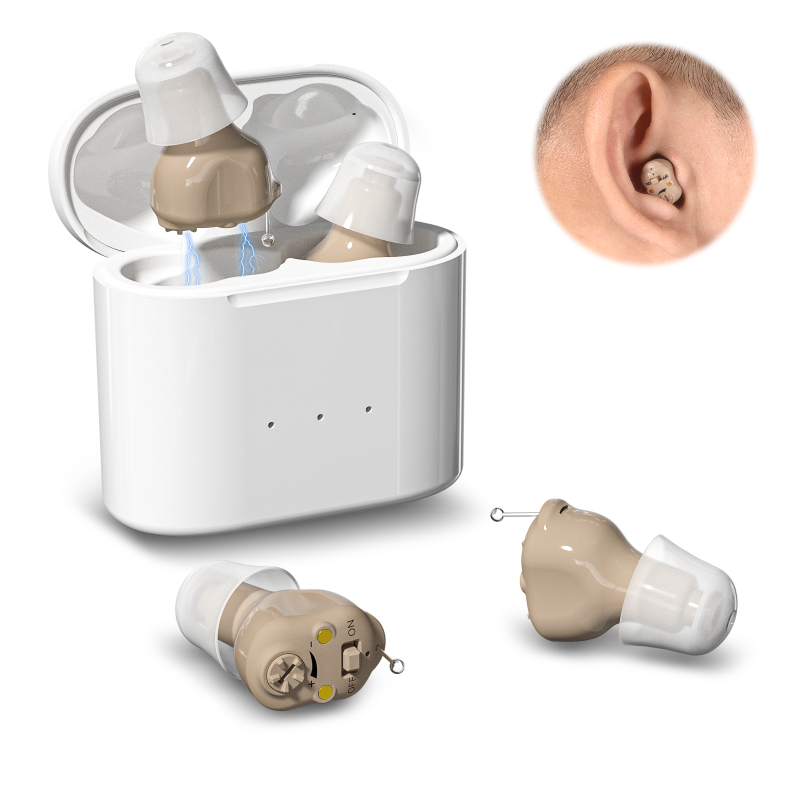 2 Packs Mini Hearing Aids for Seniors Rechargeable, Invisible In Ear Hearing Amplifiers with Noise Cancelling for Adults, Hearing Assist Device with Magnetic Contact Charging Box, 1 Pair, Beige