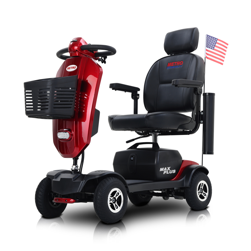 MAX PLUS RED 4 Wheels Outdoor Compact Mobility Scooter with 2pcs*20AH Lead acid Battery, 16 Miles, Cuo Holders &amp; USB charger Port