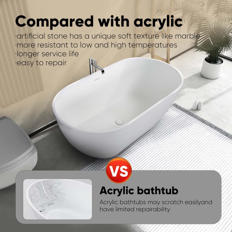 Moray 59 in. x 30 in. Solid Surface Stone Resin Flatbottom Freestanding Double Slipper Soaking Bathtub in Matte White