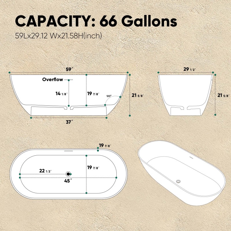 Moray 59 in. x 30 in. Solid Surface Stone Resin Flatbottom Freestanding Double Slipper Soaking Bathtub in Matte White