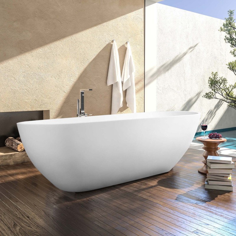 Moray 59 in. x 30 in. Solid Surface Stone Resin Flatbottom Freestanding Double Slipper Soaking Bathtub in Matte White
