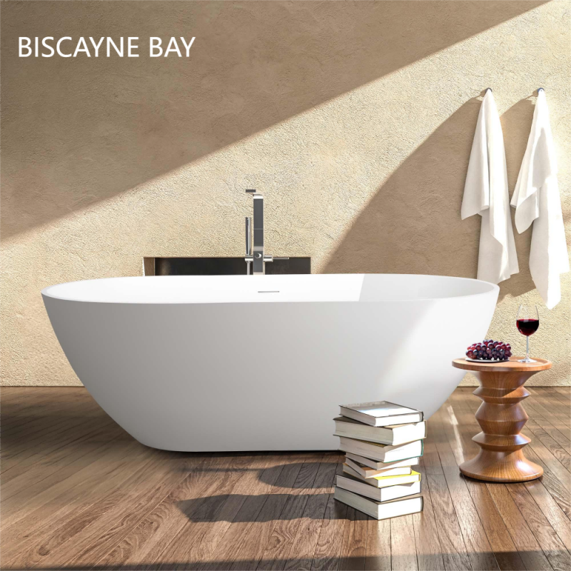 BISCAYNE BAY 59 in. x 30 in. Solid Surface Stone Resin Flatbottom Freestanding Double Slipper Soaking Bathtub in Matte White