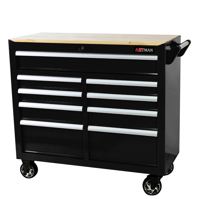 9 Drawers Multi-functional Tool Cart with Wheels and Wooden Top - Black