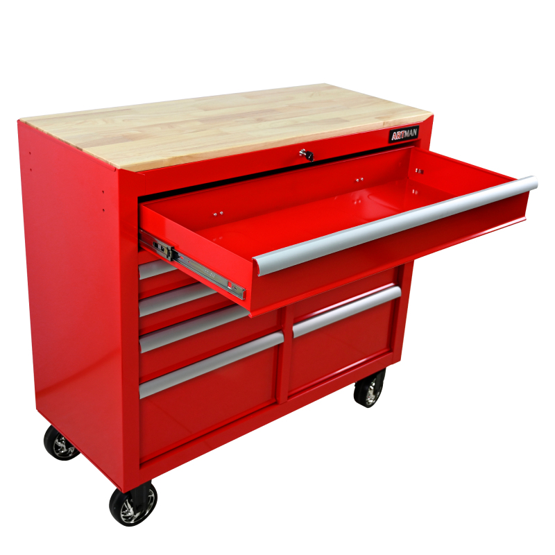 9 Drawers Multi-functional Tool Cart with Wheels and Wooden Top - Red
