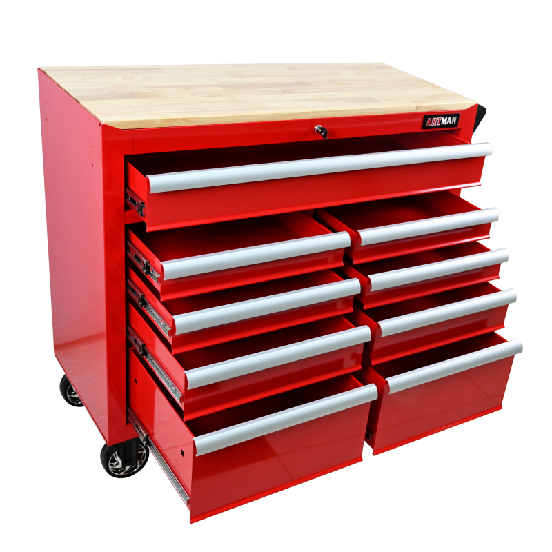 9 Drawers Multi-functional Tool Cart with Wheels and Wooden Top - Red