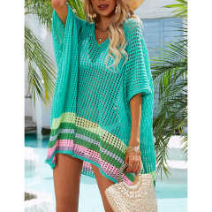 Blue Hollw-out Colorblock Hem V Neck Beach Cover TQX650055-5