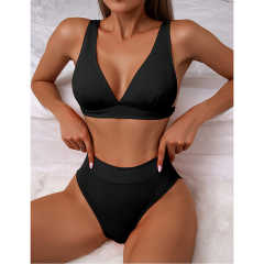 Black Solid V Neckline 2 Piece Bikini Set TQK610269-2