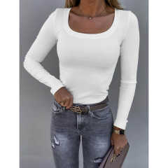 White U Neck Ribbed Long Sleeve Bodysuit TQV220126-1