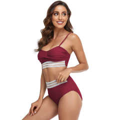 Wine Red Twist Front Splicing 2pcs Bikini Set TQK610271-23