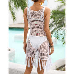 White Tassel Knitted Hollw-out Sleeveless Beach Cover TQK311534-1