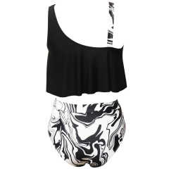 Black Ruffle Printed Bottom Tankini Swimwear Set TQK610298-2