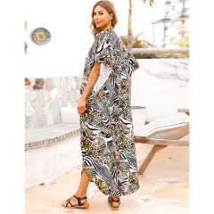 Yellow Button-down Holiday Beach Kimono Dress with Pocket TQK650094-22
