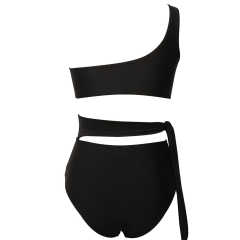 Black One Shoulder Tie Waist Bikini Swimwear TQK610297-2