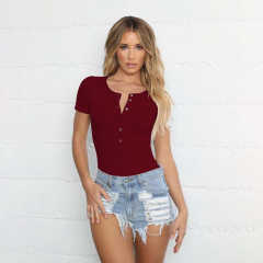 Wine Red Button Down Short Sleeve Bodysuit TQK550040-103